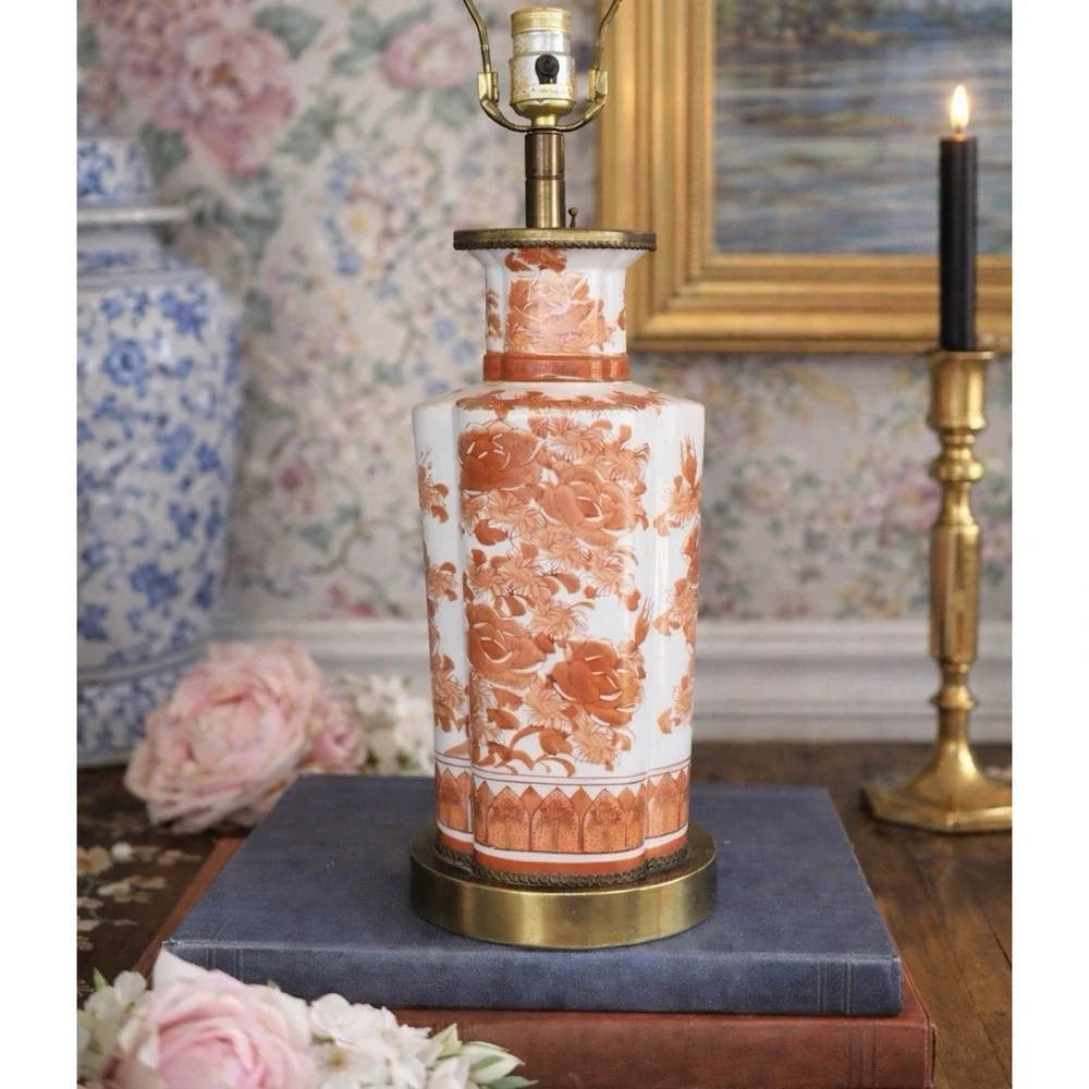 Vintage Kutani Style Porcelain Table Lamp Red‎ Floral Chinoiserie Asian Decor